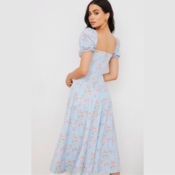 HOUSE OF CB TALLULAH BLUE VINTAGE FLORAL PUFF SLEEVE MIDI DRESS (Size XS) - Picture 5 of 12